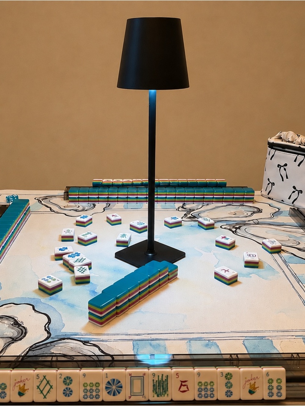 Mahjong Tablescape! Mat, Tiles, Tile bag, racks peacock blue coastal - Picture 1 of 2